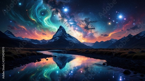 Mountain peak reflected in river under vibrant colorful nebula sky. Stars and galaxies swirl above snow capped mountains and calm water. Stunning cosmic display.