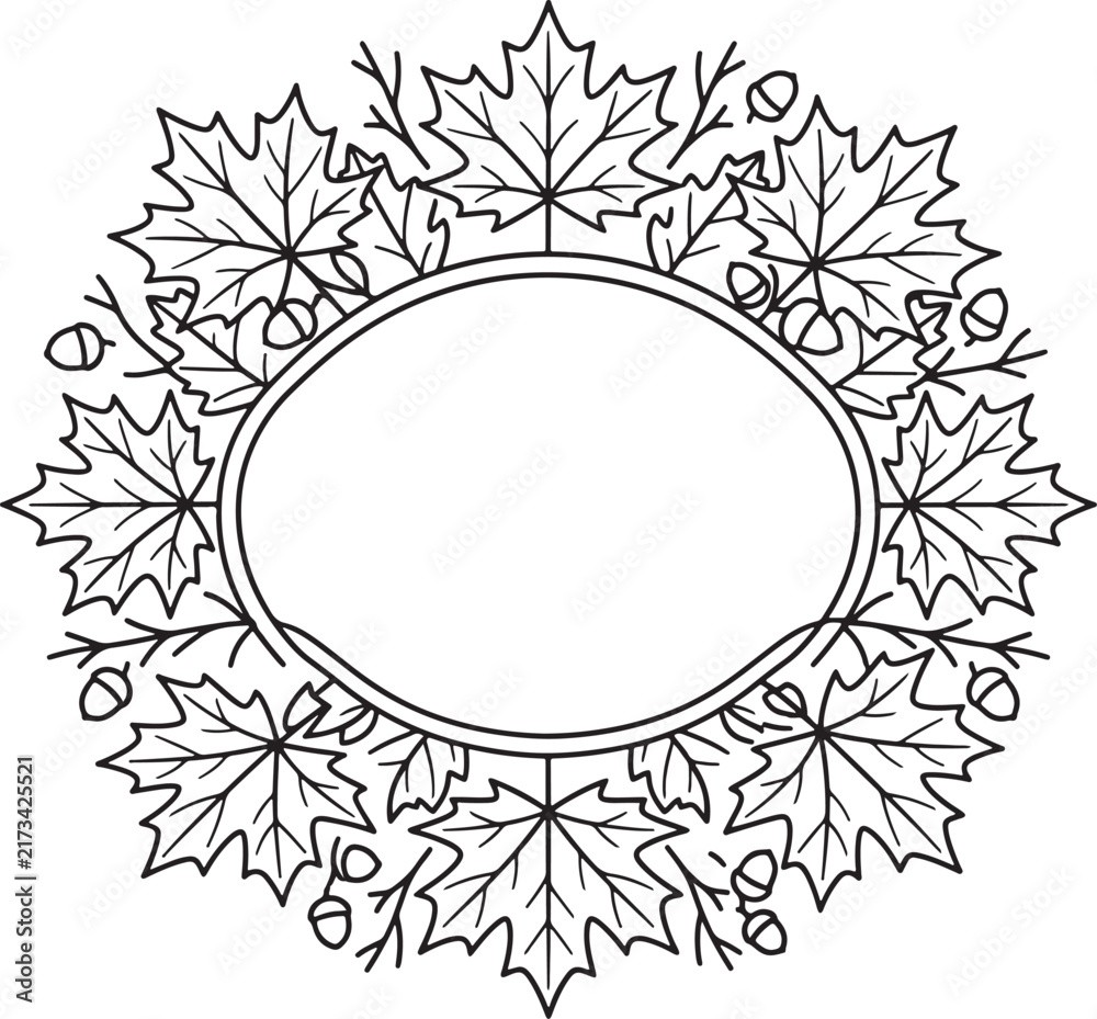 Obraz premium Autumn maple leaf wreath frame with acorns, hand drawn black and white line art illustration