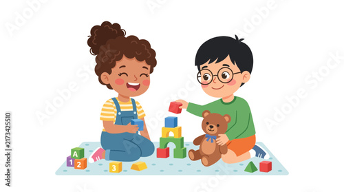 Happy Diverse Children Playing with Educational Blocks and Teddy Bear
