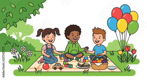 Happy children playing with toys on a picnic blanket illustration