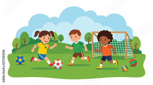 Cartoon children playing soccer game on a green park field