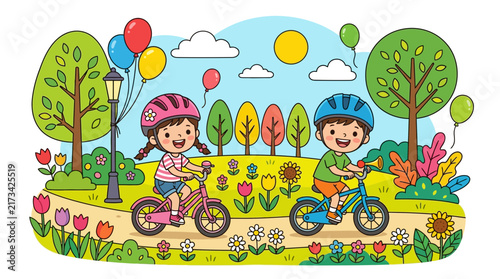 Cartoon children riding bicycles in a colorful park