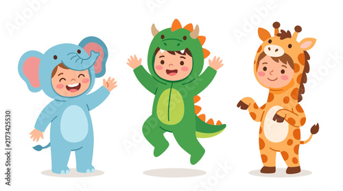 Cute Happy Children Wearing Animal Costumes Isolated on White