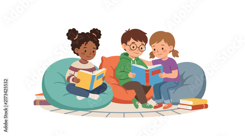 Diverse Group of Children Reading Books Together on Beanbags
