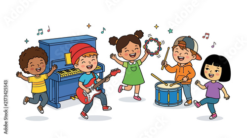 Happy Children Playing Musical Instruments in a Cartoon Style