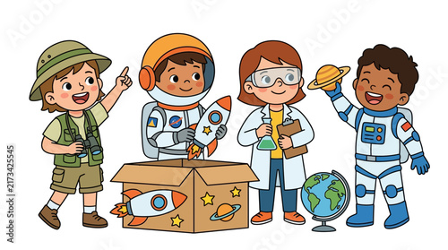Cartoon Kids Dressed as Astronauts and Scientists Playing Together