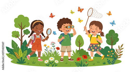 Diverse Children Exploring Nature with Binoculars and Butterfly Net