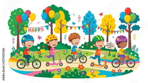 Cartoon children riding bicycles and scooters in the park
