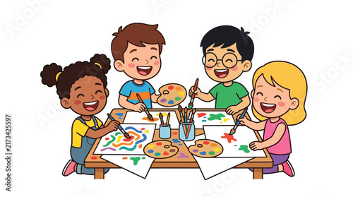 Happy Diverse Children Painting Together in Art Class
