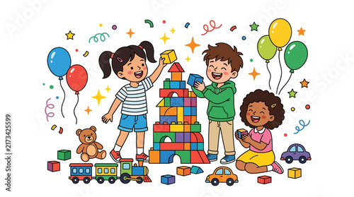 Diverse Group of Happy Children Playing Together with Colorful Building Blocks