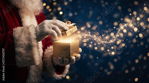 Santa Claus Opening Gift Box: A festive close-up of Santa Claus's gloved hands gently opening a golden gift box, revealing magical sparkling lights and bokeh effects.