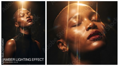 Golden Glow Portrait: A striking portrait of a woman with a bald head, bathed in warm, amber lighting, with streaks of light highlighting her features and a contemplative expression.