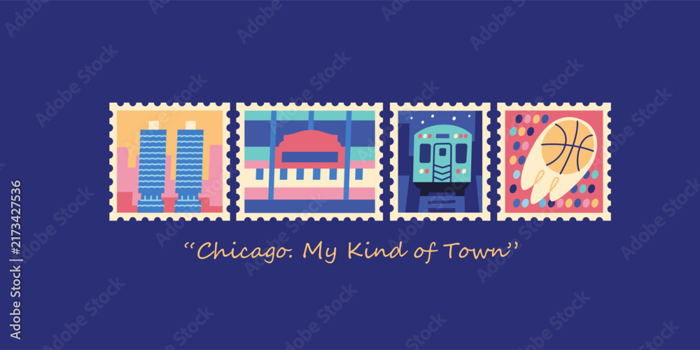Obraz premium Chicago travel vector banner with vintage postage stamps line collection of city landmarks marina city basketball and train over quote typography isolated on dark blue background