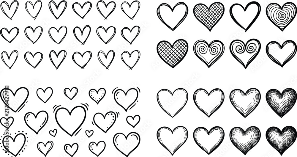 Fototapeta premium Set of hand-drawn sketchy doodle heart icons and patterns vector illustration