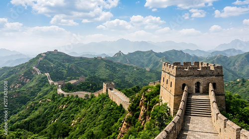 Great Wall of China landscape view with ancient stone watchtower and lush green mountains.