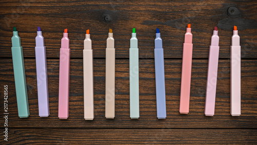 Konstfotografi Colorful Pastel Markers in a Row on Wooden Surface for Artistic Projects and Off