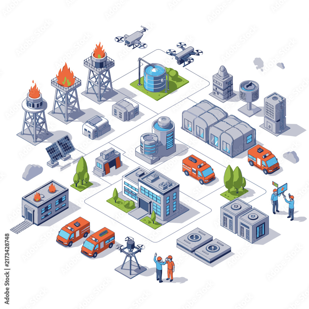 Fototapeta premium Isometric city emergency services and infrastructure illustration.
