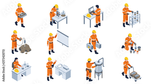 Construction workers in various work scenarios illustration.