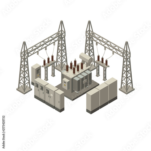 Electrical substation with power transformers and transmission towers.