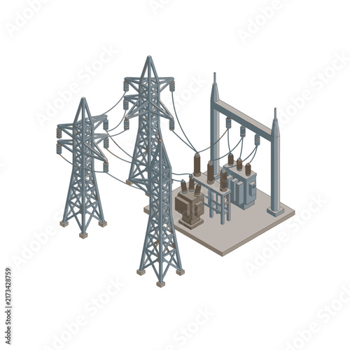 High voltage power transmission station with pylons and transformers.