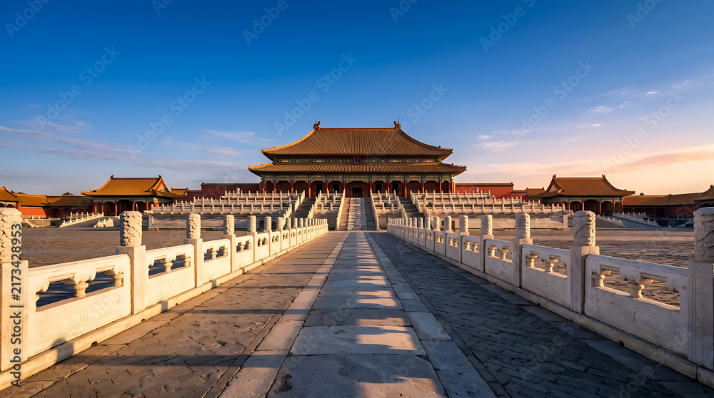 Obraz premium Ancient Chinese imperial palace architecture at sunrise with stone bridge and courtyard.