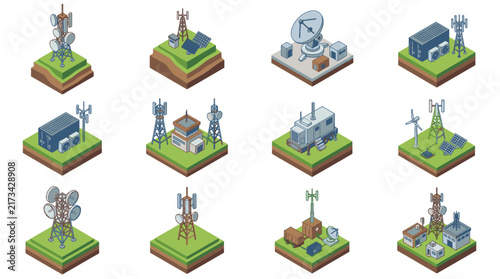 Isometric pixel art collection of industrial and communication buildings.