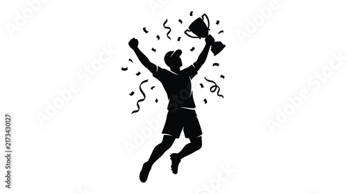 Canvastavla Celebrating athlete raising a trophy with confetti black silhouette victory cham