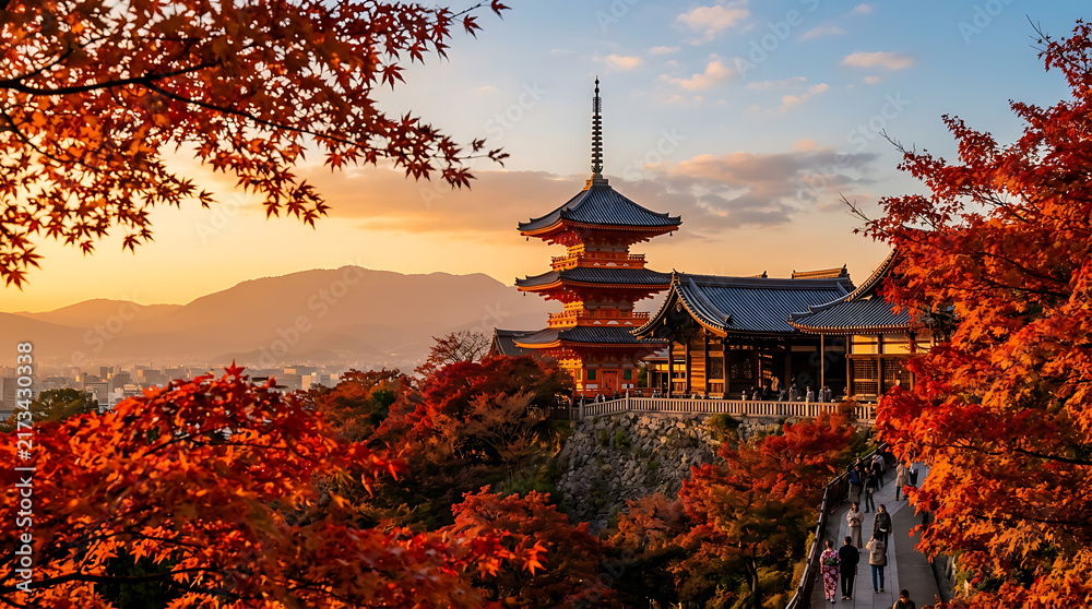 Fototapeta premium Traditional Japanese pagoda temple at sunset with vibrant autumn maple leaves in Kyoto