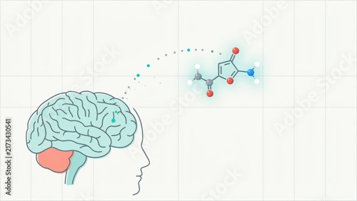 Human brain profile outline connected to a chemical molecular structure on a grid background with releasing particles toward head profile visible