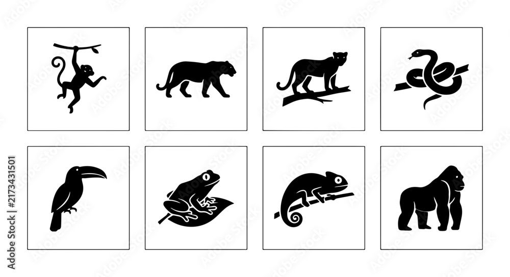 Naklejka premium 70 Jungle Animals Vector Icons Set, Wild Creatures Silhouette Collection, Primate, Big Cat, Reptile, Bird, Amphibian Graphics 100