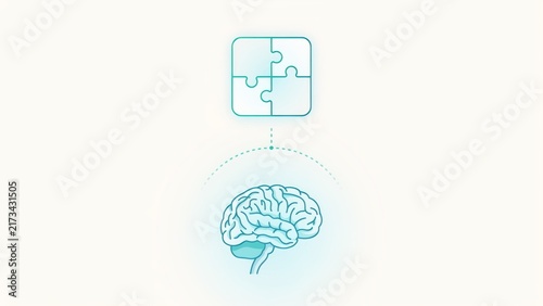 Human brain icon connected to a four piece puzzle square on a light background with connection representing cognitive cognitive problem solving
