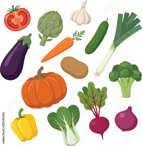 Fresh organic vegetables sticker set with hand drawn realistic cartoon style featuring tomato eggplant pumpkin pepper broccoli carrot garlic onion potato and beet