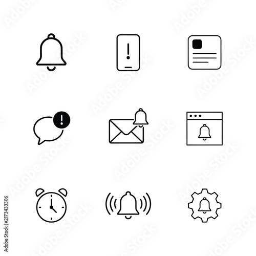 Flat design business icons set for productivity and alerts. Minimalist vector symbols for notifications, time management, and security.