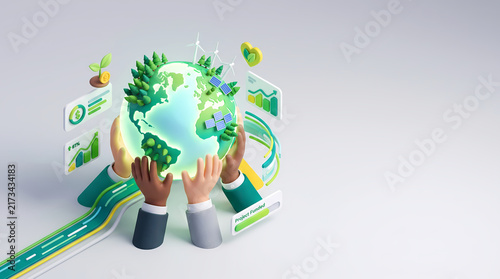 Isometric 3D diverse hands holding the earth supporting green projects and renewable energy
