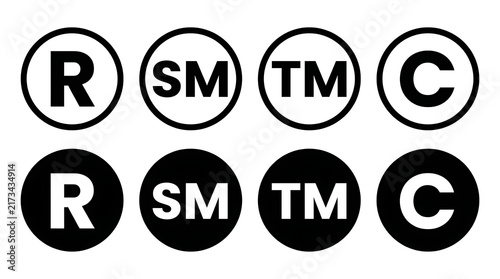Set of intellectual property symbols including registered trademark and copyright icons.