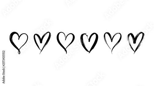Six hand drawn heart icons in a horizontal row isolated on a white background