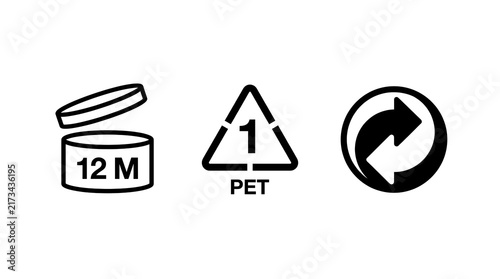 Set of black vector packaging symbols including PAO 12M, PET 1 recycling and green dot.