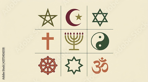 Flat vector illustration of world religious symbols arranged in a grid layout