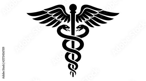 Black Caduceus symbol icon, medical staff with wings and snakes isolated on white background.