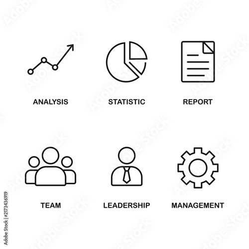 Business Line Icon Set with Analysis, Statistic, Report, Team, Leadership, and Management Symbols