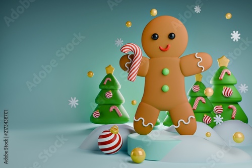 3D Christmas banner icon with cute gingerbread man holding candy cane on podium. Winter holiday card template with festive trees, snow and copy space on blue background.