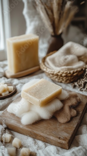 Artisan soap bars rest on natural materials, showcasing a handmade craft, clean beauty, and an earthy, rustic aesthetic with a focus on wellness