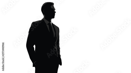 Silhouette of a businessman in a suit and tie standing with hands in pockets, isolated on a white background, representing corporate leadership and success