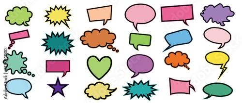 Collection of colorful speech bubbles and thought balloons vector illustration on a white background communication dialogue conversation graphic design bright shapes forms thoughts ideas messages