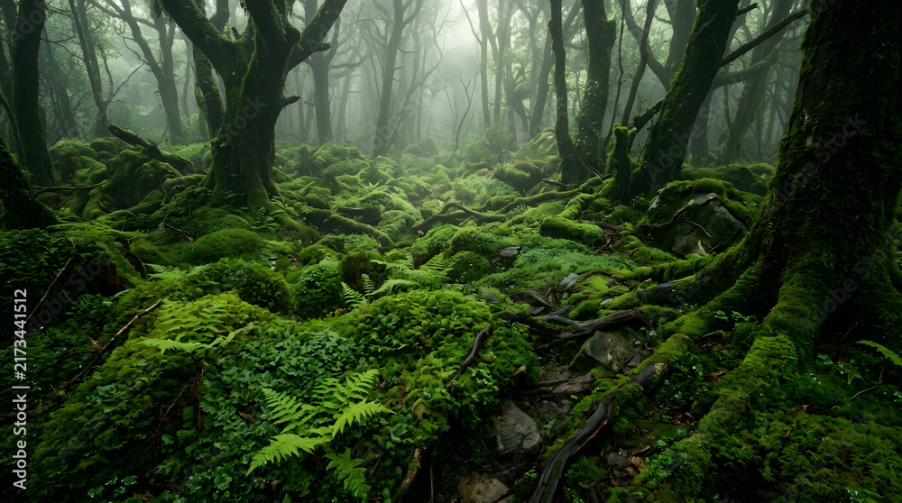 Obraz premium Mysterious misty forest with lush green moss-covered ground and ancient trees in ethereal light