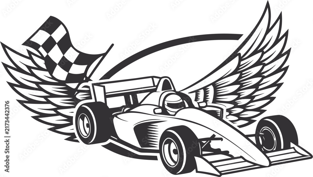 Naklejka premium Of a formula one race car with large eagle wings and a checkered flag, set against an oval frame on a white background