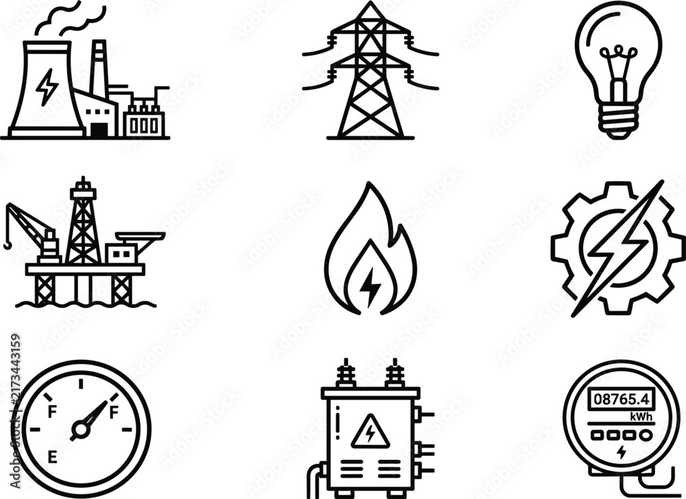 Fototapeta premium Energy and power industry vector line icon set featuring power plant electric tower oil rig gas flame bulb and meter on white background