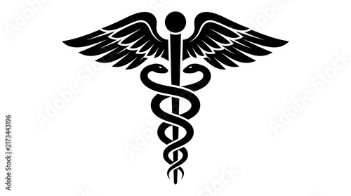 Minimalist black Caduceus symbol, medical healthcare icon vector illustration.