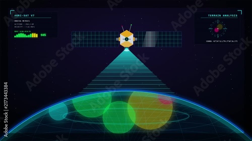 Agricultural Satellite Scanning Earth Surface with Digital HUD Interface