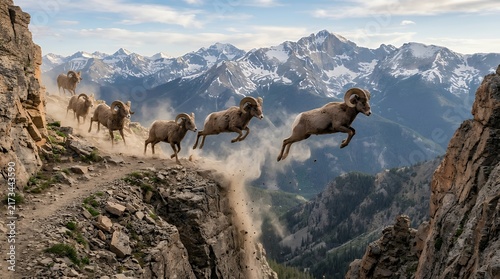 Bighorn sheep herd running on mountain cliff edge in the wild